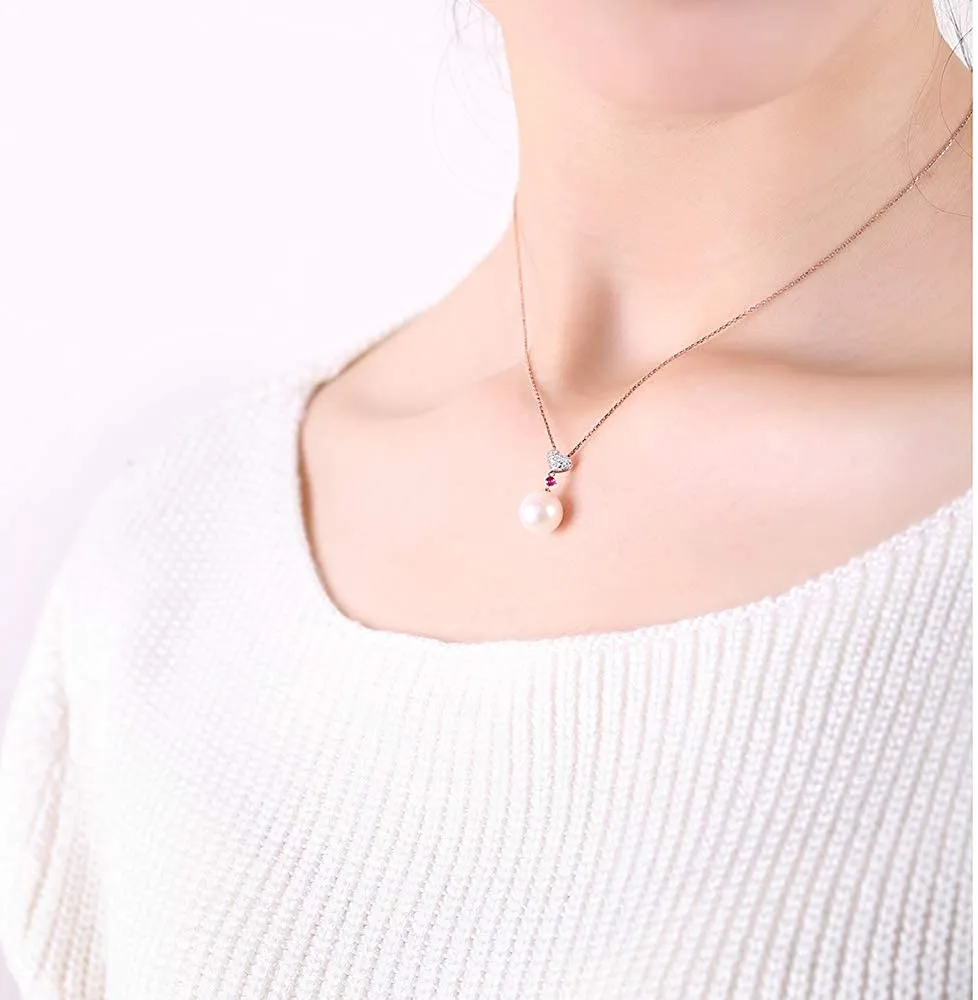 Akoya Pearl Necklace with Heart Diamond - 18K Rose Gold