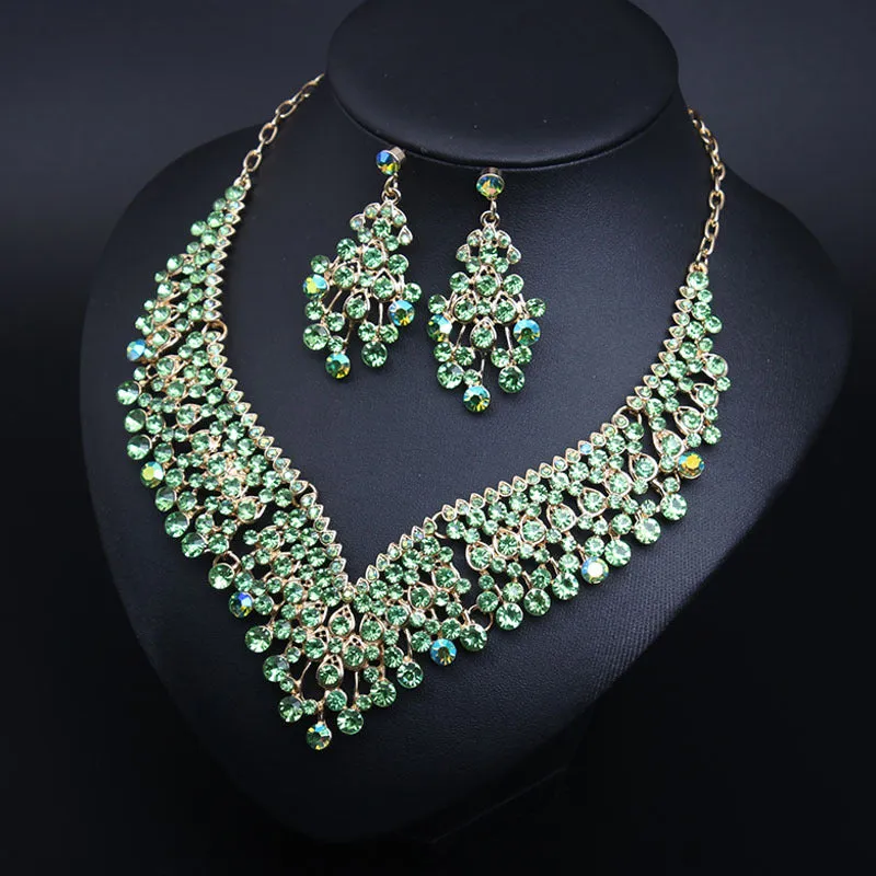 American bridal banquet crystal clavicle necklace earrings set women's dress jewelry