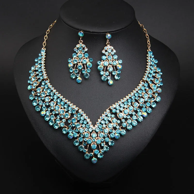 American bridal banquet crystal clavicle necklace earrings set women's dress jewelry