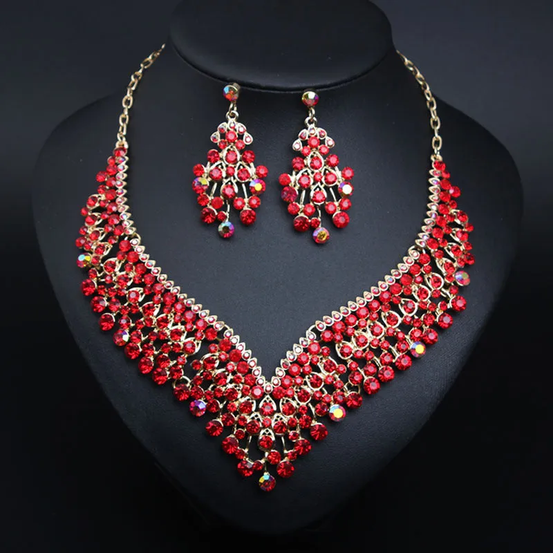 American bridal banquet crystal clavicle necklace earrings set women's dress jewelry