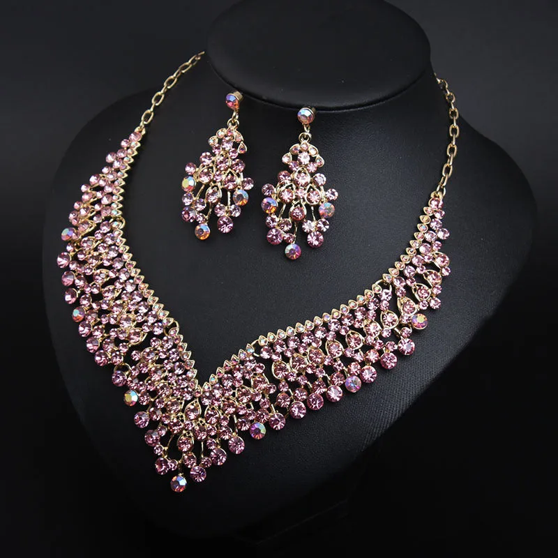 American bridal banquet crystal clavicle necklace earrings set women's dress jewelry