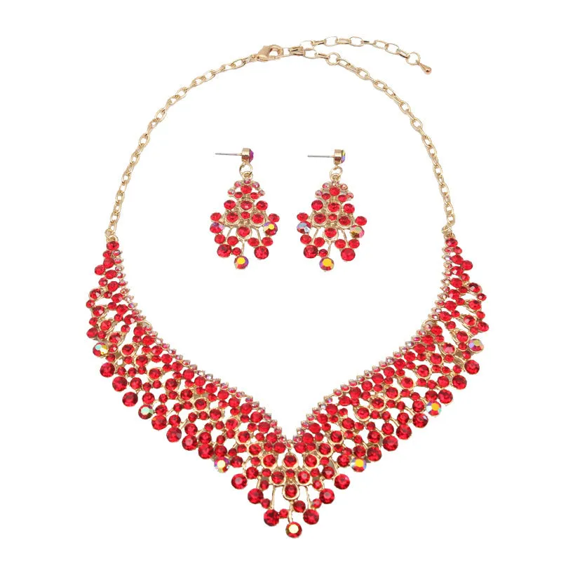 American bridal banquet crystal clavicle necklace earrings set women's dress jewelry