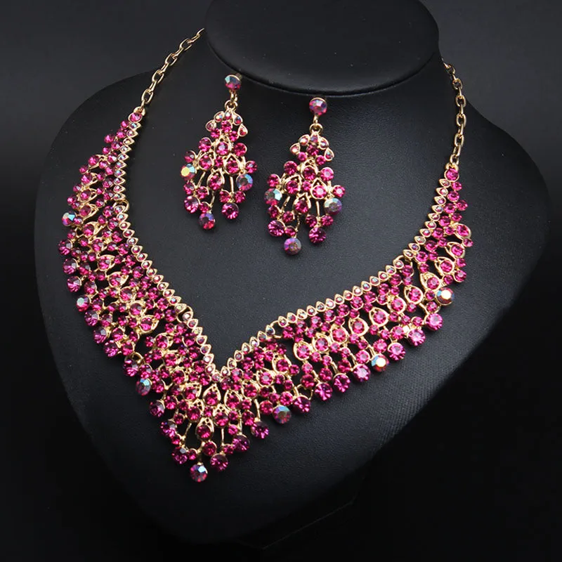 American bridal banquet crystal clavicle necklace earrings set women's dress jewelry