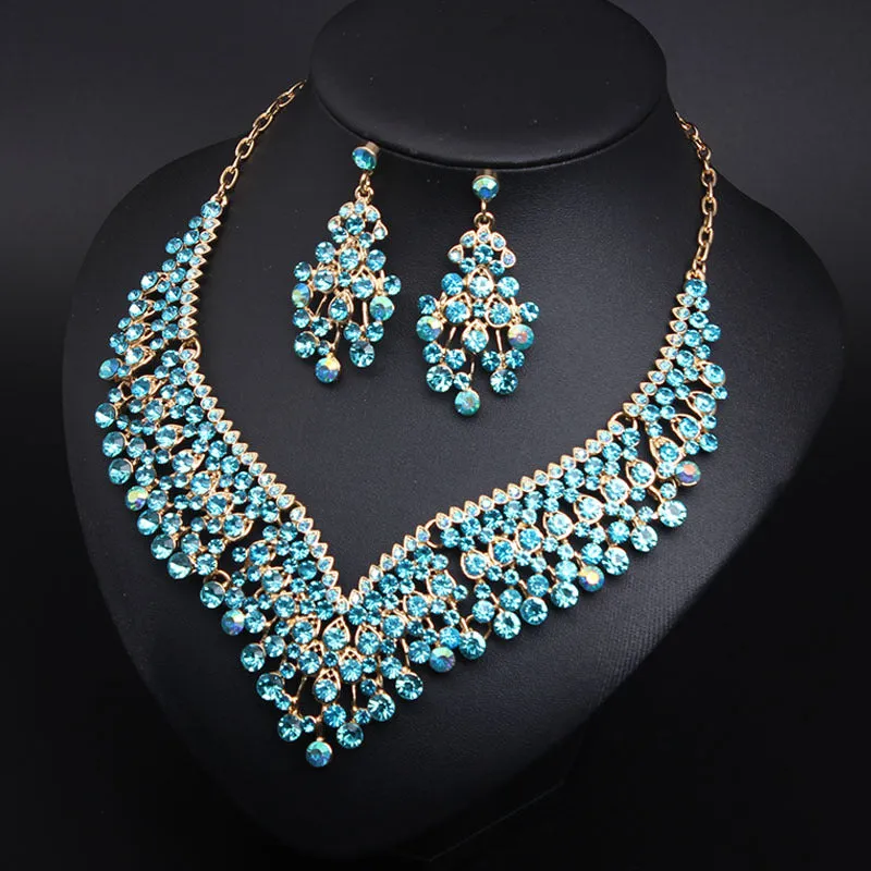 American bridal banquet crystal clavicle necklace earrings set women's dress jewelry