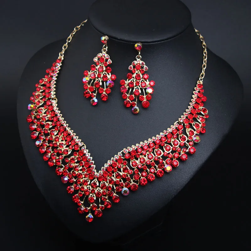 American bridal banquet crystal clavicle necklace earrings set women's dress jewelry