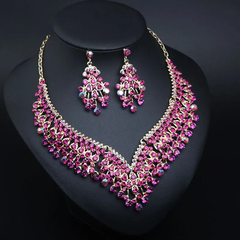 American bridal banquet crystal clavicle necklace earrings set women's dress jewelry