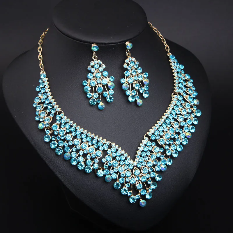 American bridal banquet crystal clavicle necklace earrings set women's dress jewelry