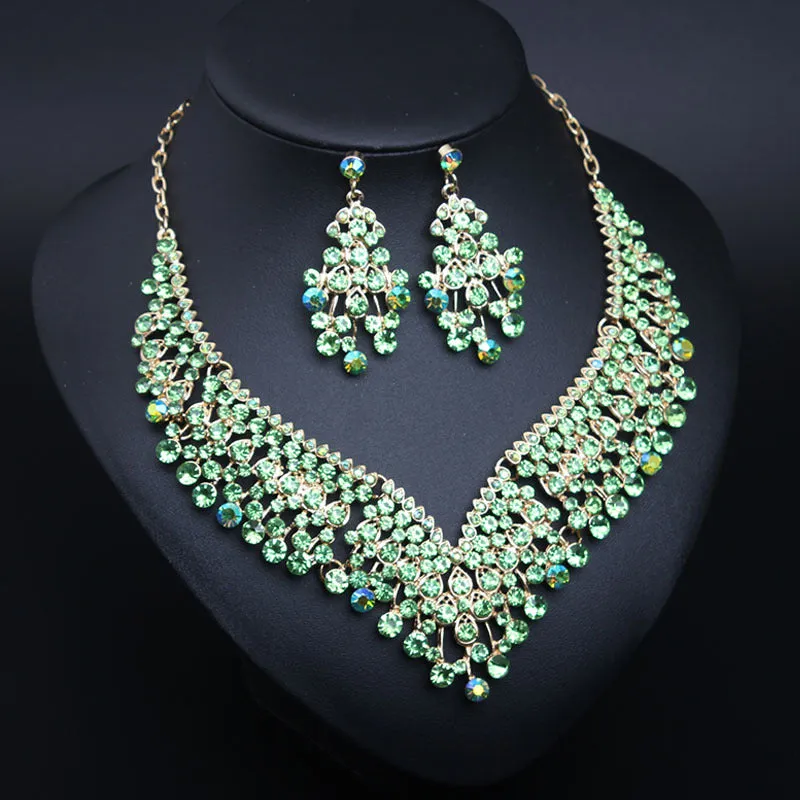 American bridal banquet crystal clavicle necklace earrings set women's dress jewelry