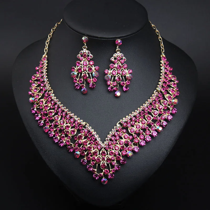 American bridal banquet crystal clavicle necklace earrings set women's dress jewelry