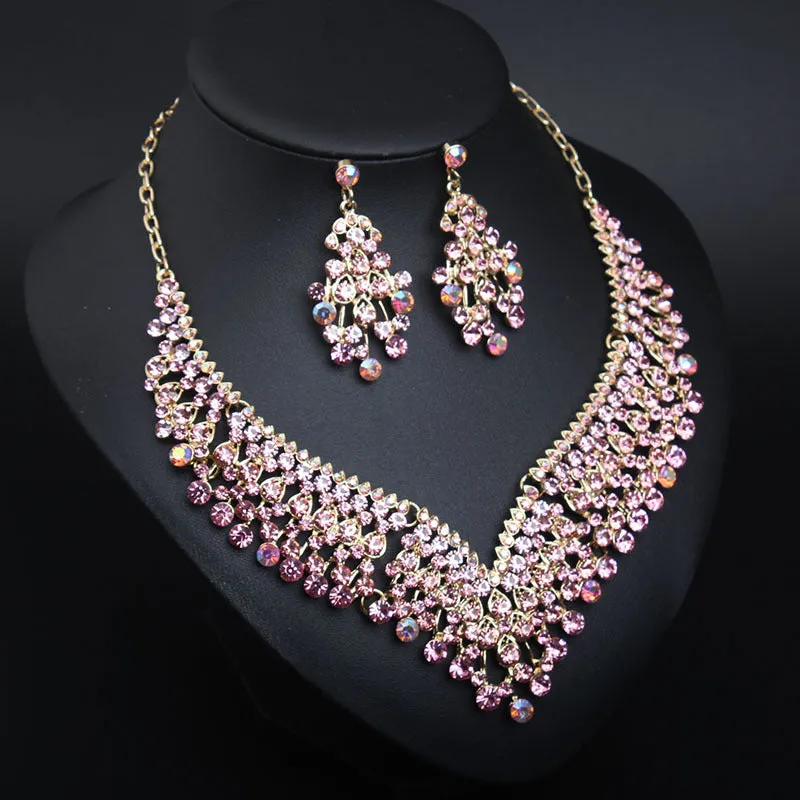 American bridal banquet crystal clavicle necklace earrings set women's dress jewelry