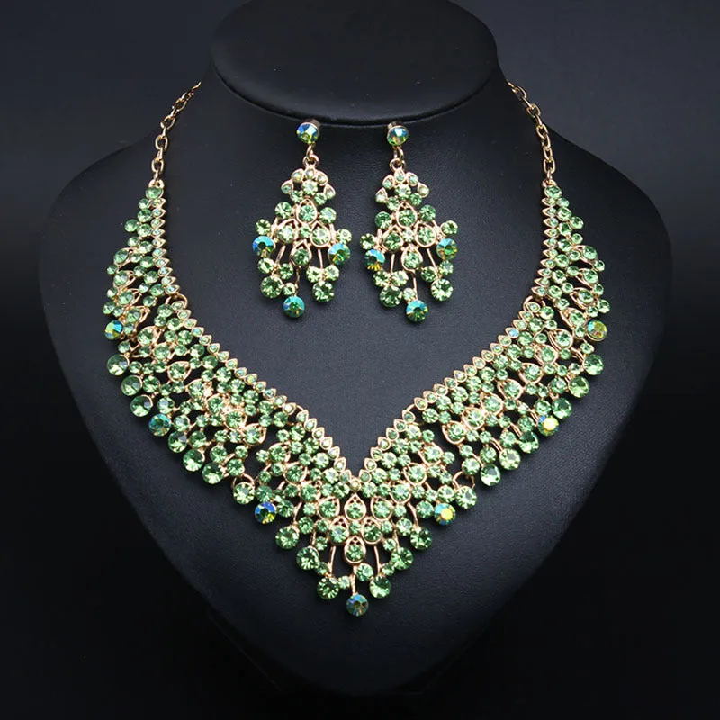 American bridal banquet crystal clavicle necklace earrings set women's dress jewelry