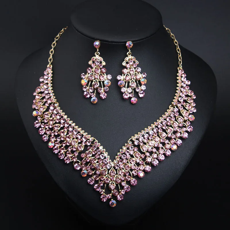 American bridal banquet crystal clavicle necklace earrings set women's dress jewelry