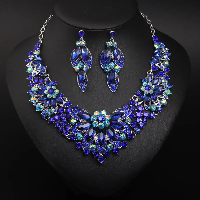 American exaggerated crystal gemstone flower necklace decorative set