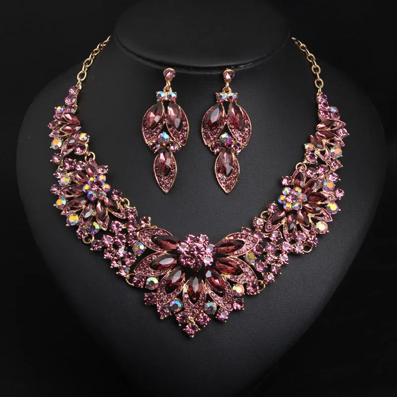 American exaggerated crystal gemstone flower necklace decorative set