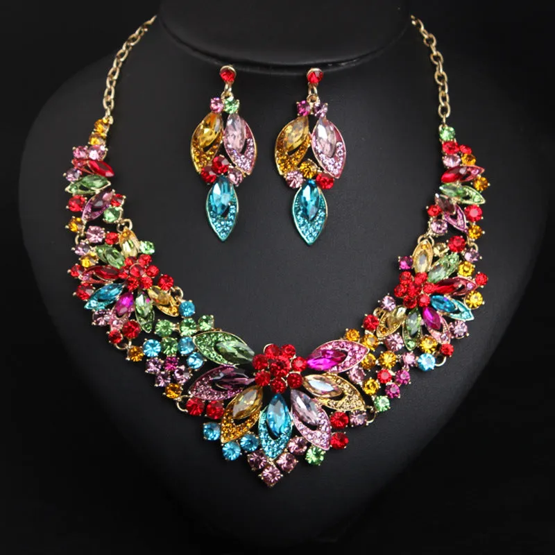 American exaggerated crystal gemstone flower necklace decorative set