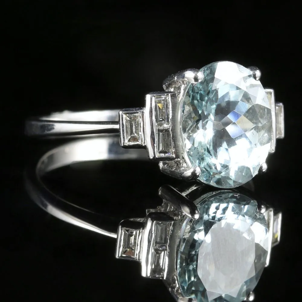 Aquamarine Diamond Ring 18Ct Gold 3.5Ct Aquamarine Baguette Cut Diamonds