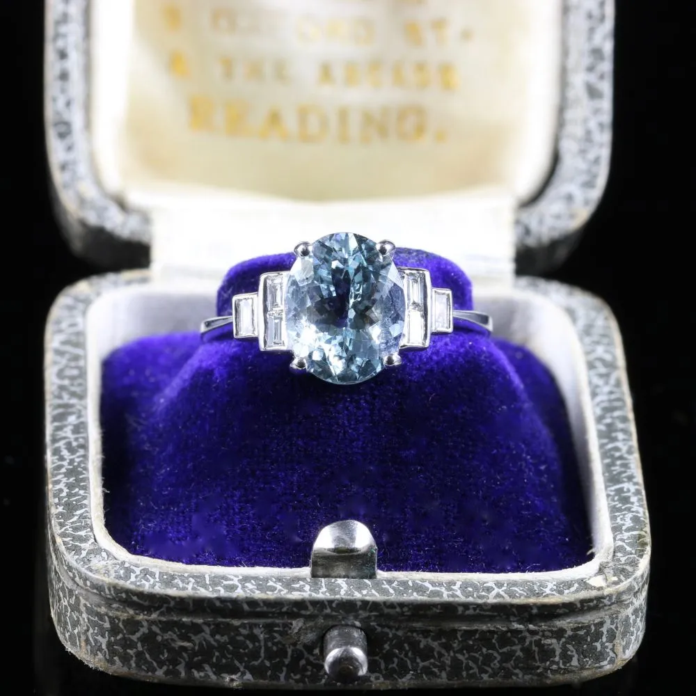 Aquamarine Diamond Ring 18Ct Gold 3.5Ct Aquamarine Baguette Cut Diamonds