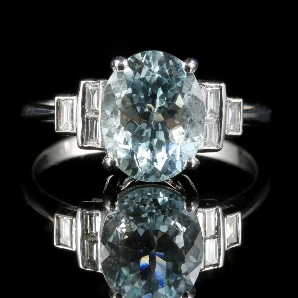 Aquamarine Diamond Ring 18Ct Gold 3.5Ct Aquamarine Baguette Cut Diamonds