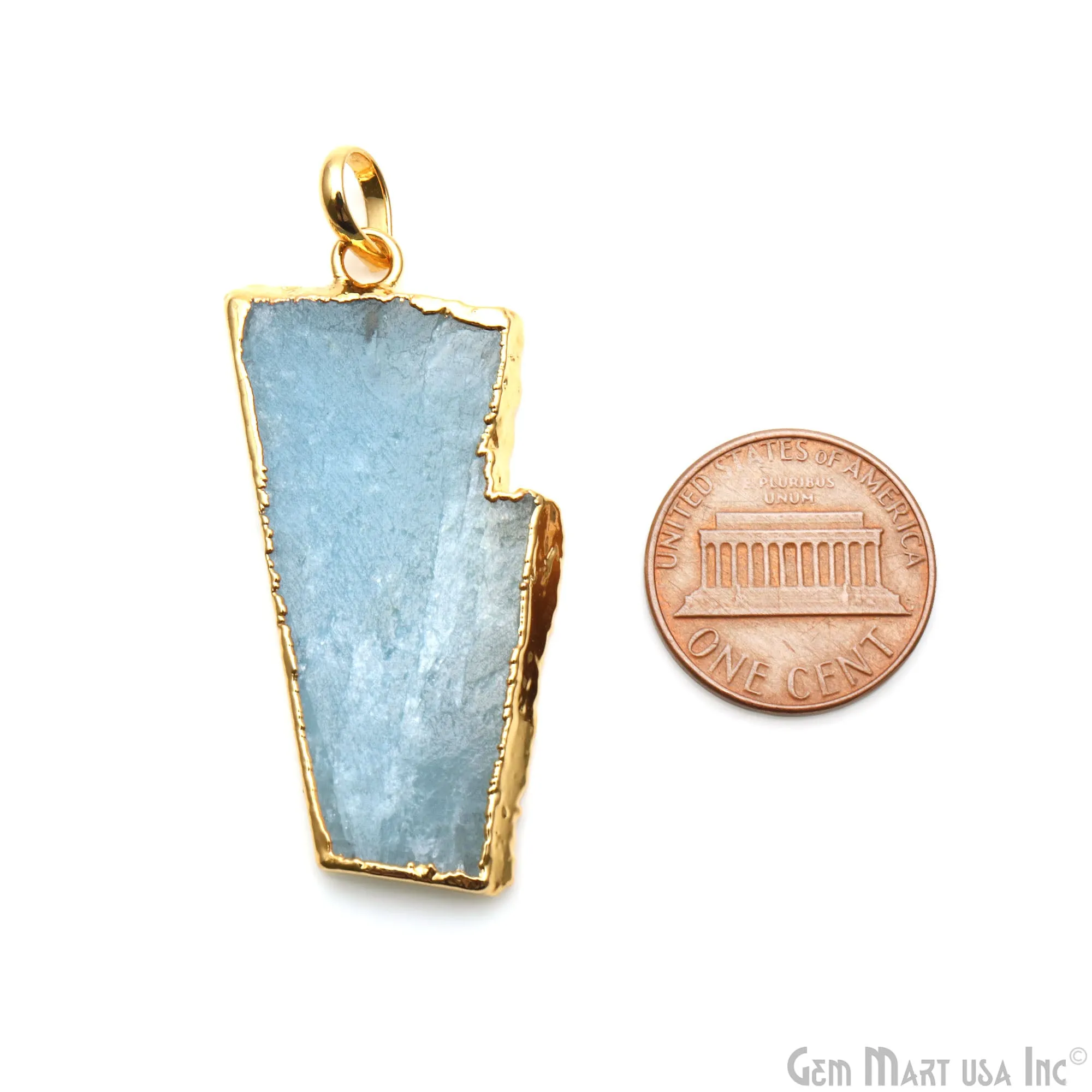 Aquamarine Free Form shape 43x19mm Gold Electroplated Gemstone Single Bail Pendant