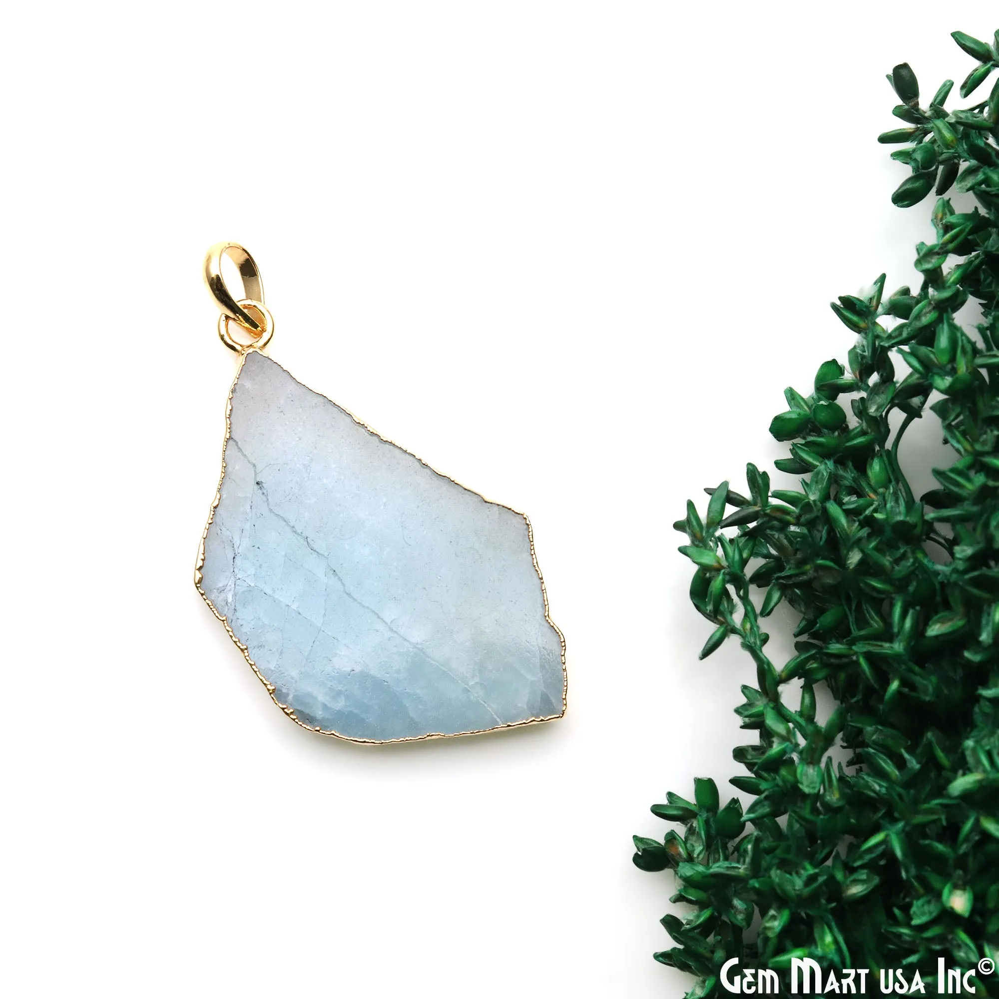 Aquamarine Free Form shape 44x25mm Gold Electroplated Gemstone Single Bail Pendant