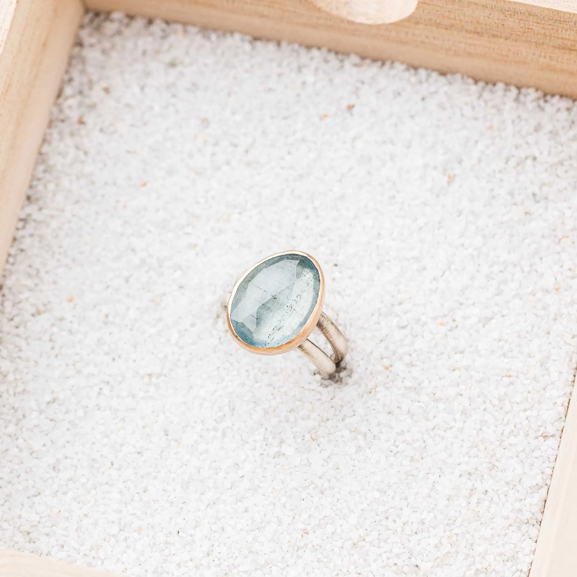 Aquamarine Ring with 14k Gold Bezel on Split Band