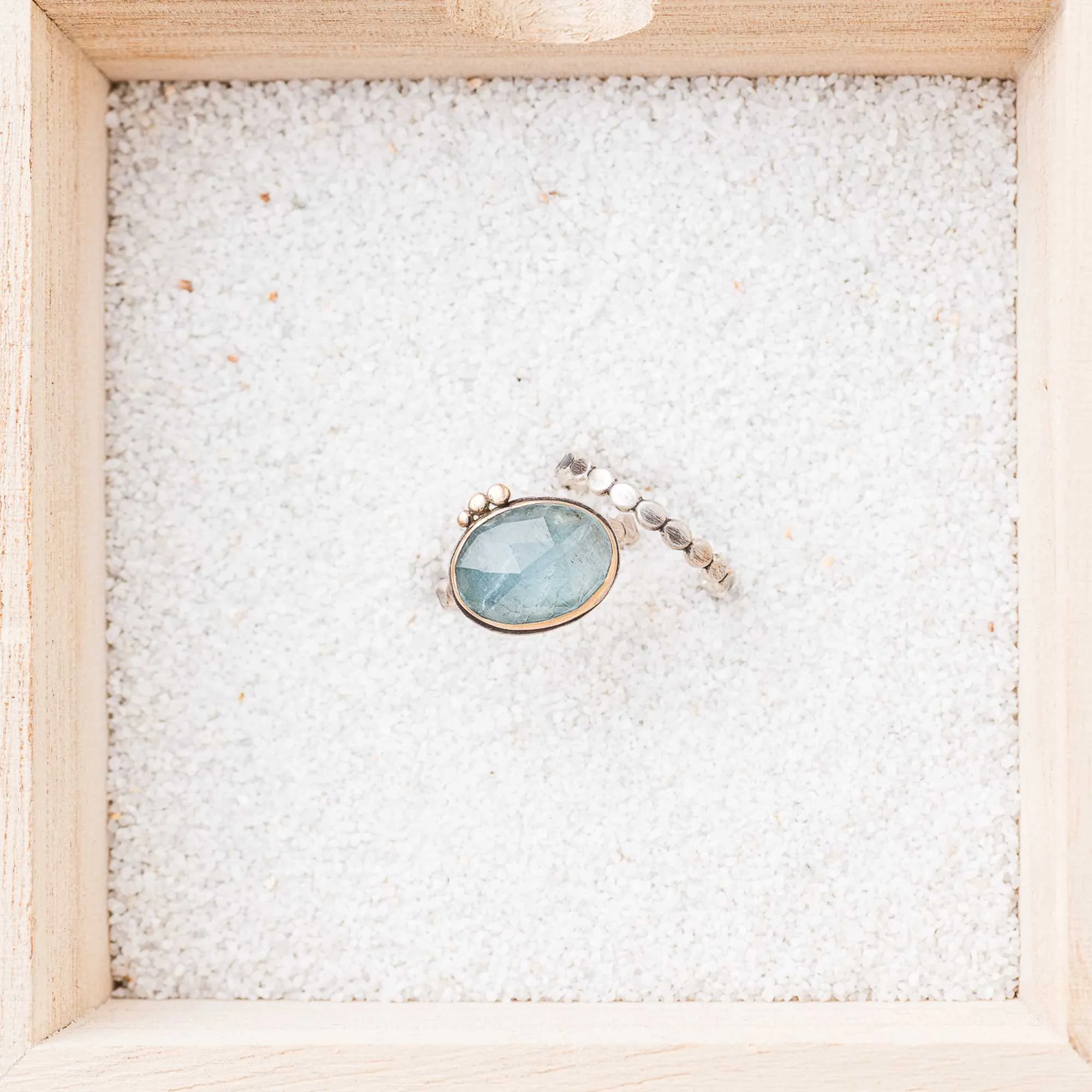 Aquamarine Ring with 14k Gold Detail on Bubble Band