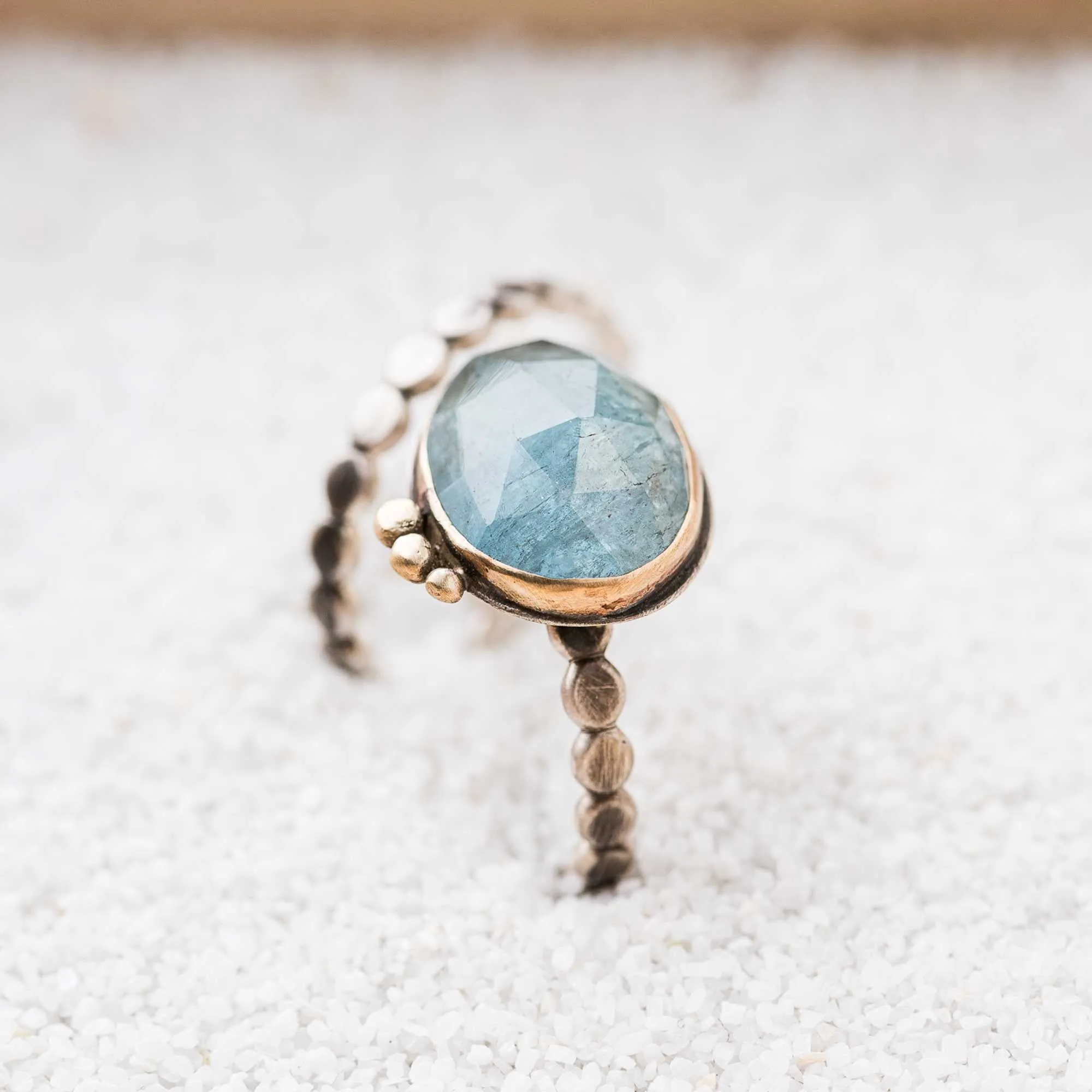 Aquamarine Ring with 14k Gold Detail on Bubble Band