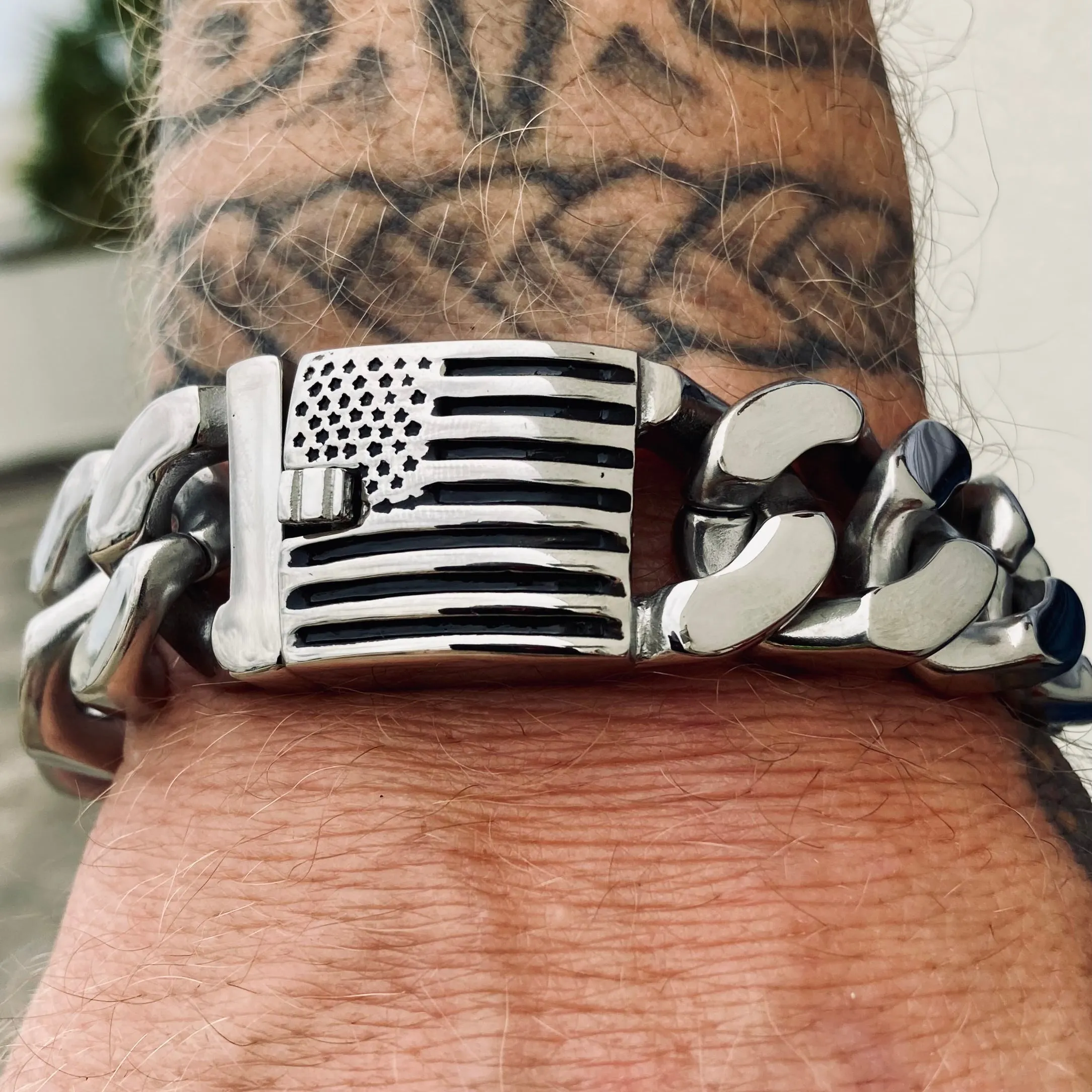 Bagger Bracelet - "EASY BIKER" - American Flag Polished - 3/4" wide - B123