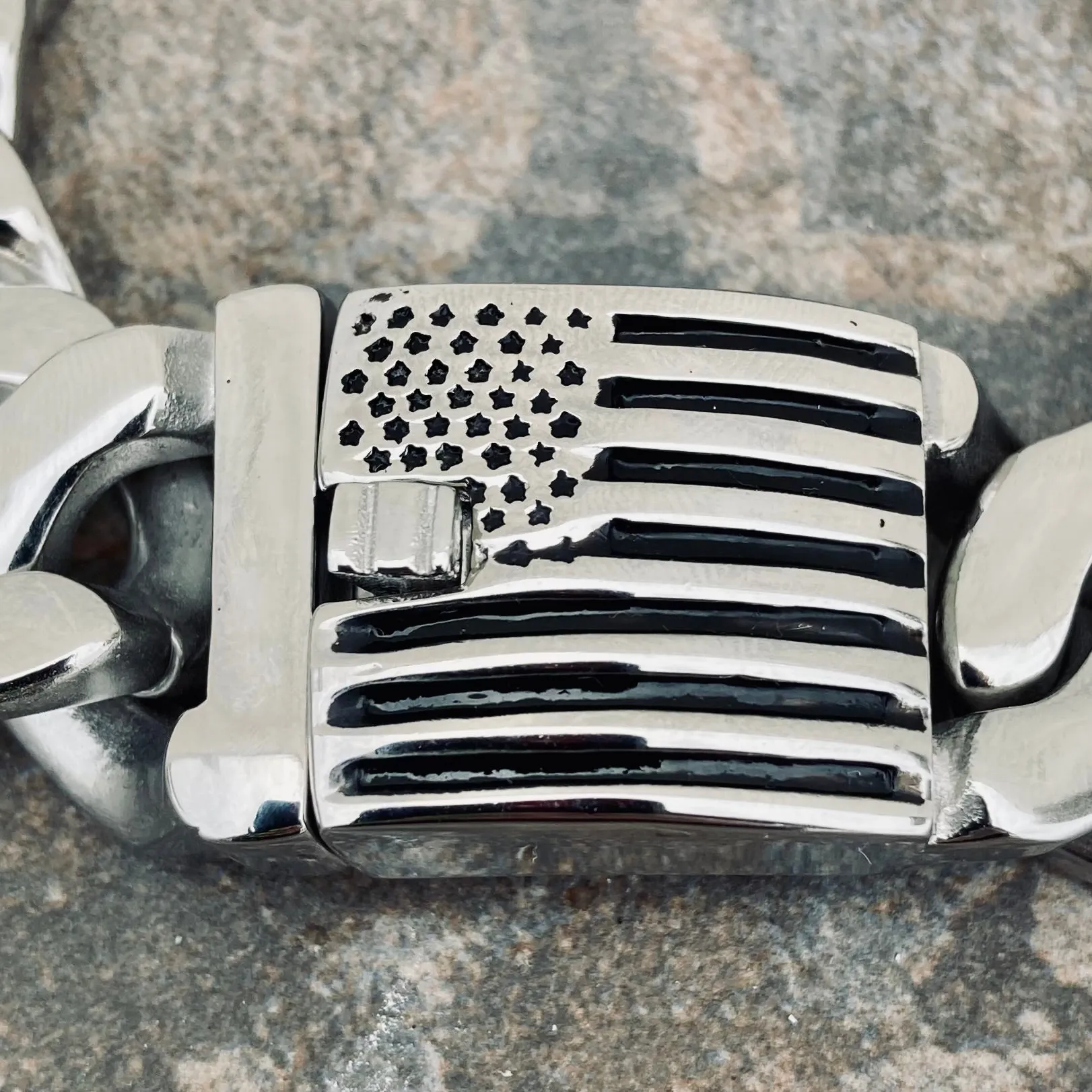 Bagger Bracelet - "EASY BIKER" - American Flag Polished - 3/4" wide - B123