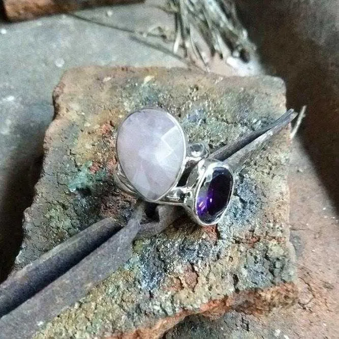 Balance Rose Quartz & Zircon Amethyst Gemstone Ring (Adjustable)