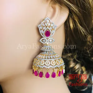 Big Silver CZ Jhumka with Colored stones/ Golden Ruby CZ Jhumka/ CZ Cocktail Earrings