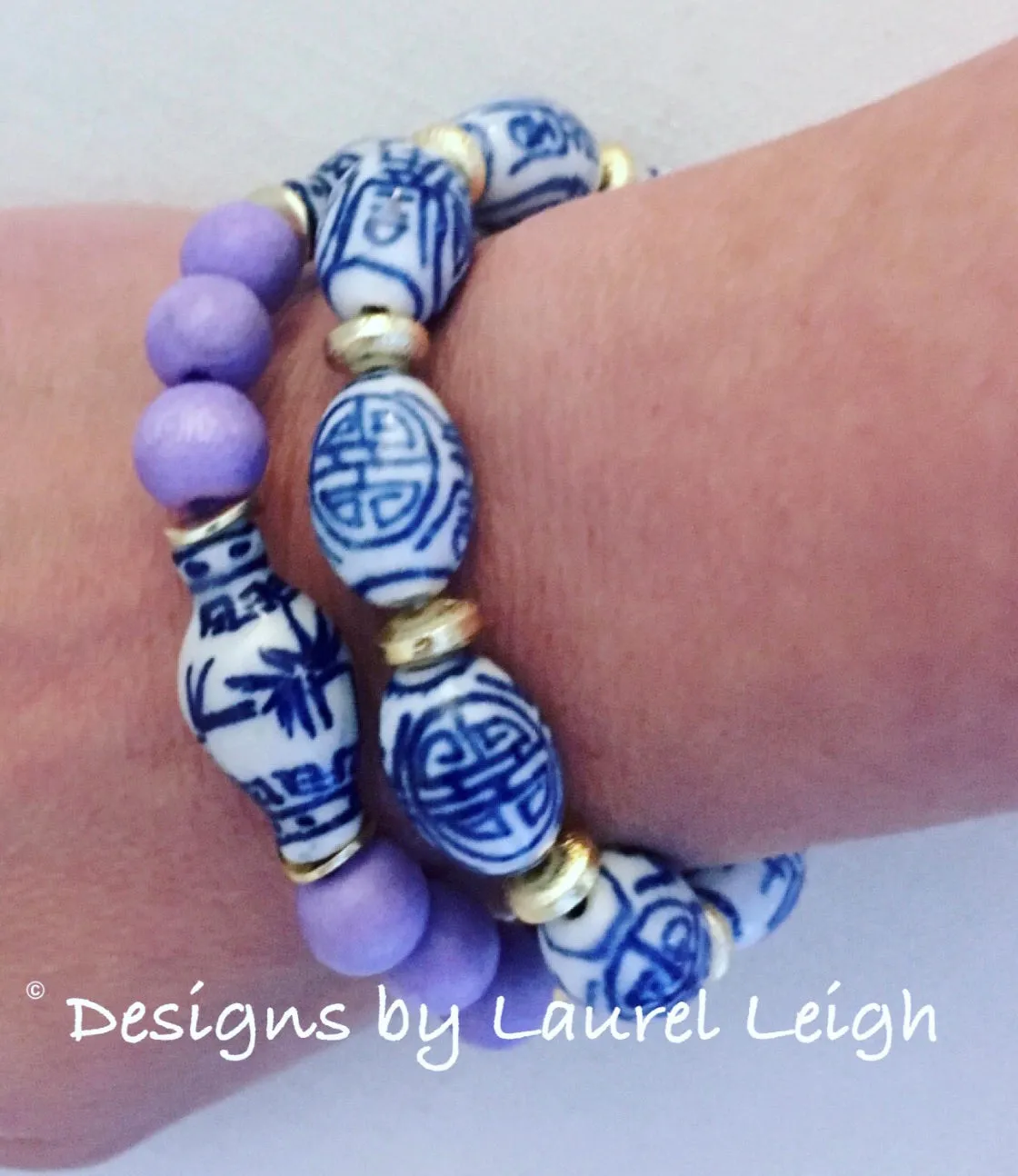 Blue & White Chinoiserie Vintage Oval Bead Bracelet