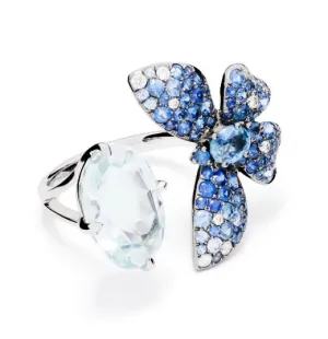 Blue Sapphires, Diamonds and Aquamarine Butterfly Ring