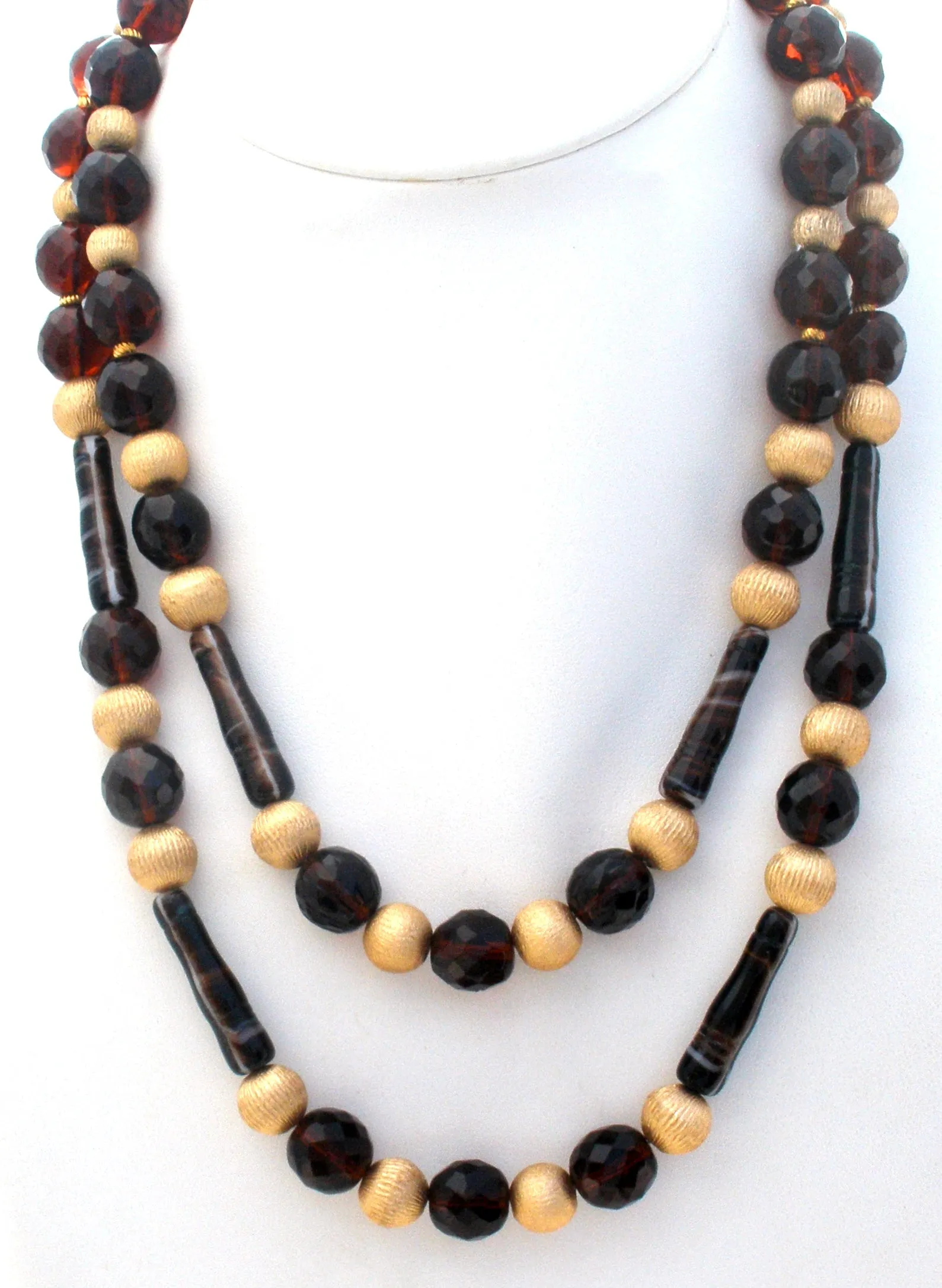 Brown Glass & Gold Bead Necklace Vintage