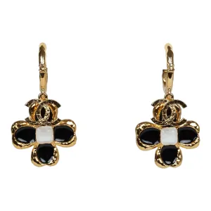 Chanel Flower Dangle CC Earrings Black Enamel & Gold Metal