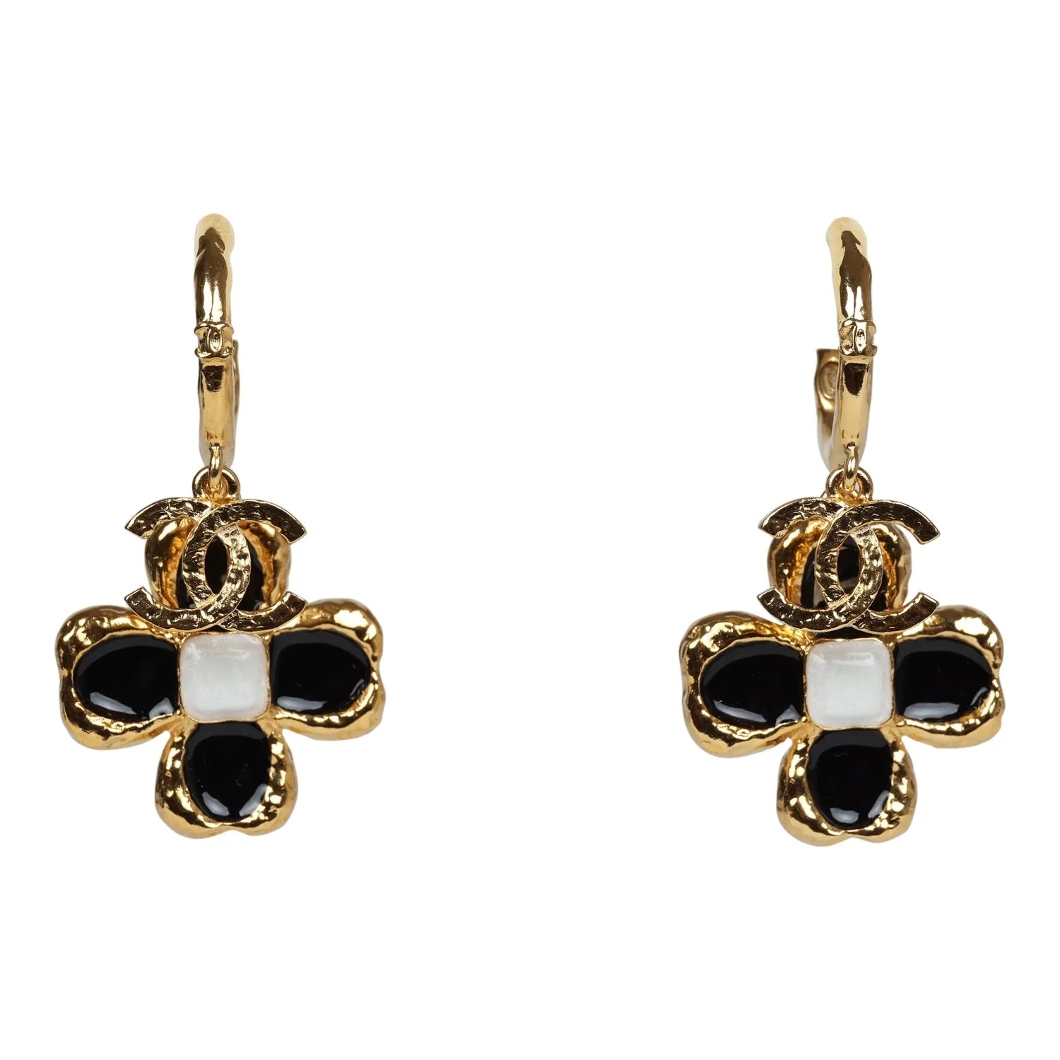 Chanel Flower Dangle CC Earrings Black Enamel & Gold Metal