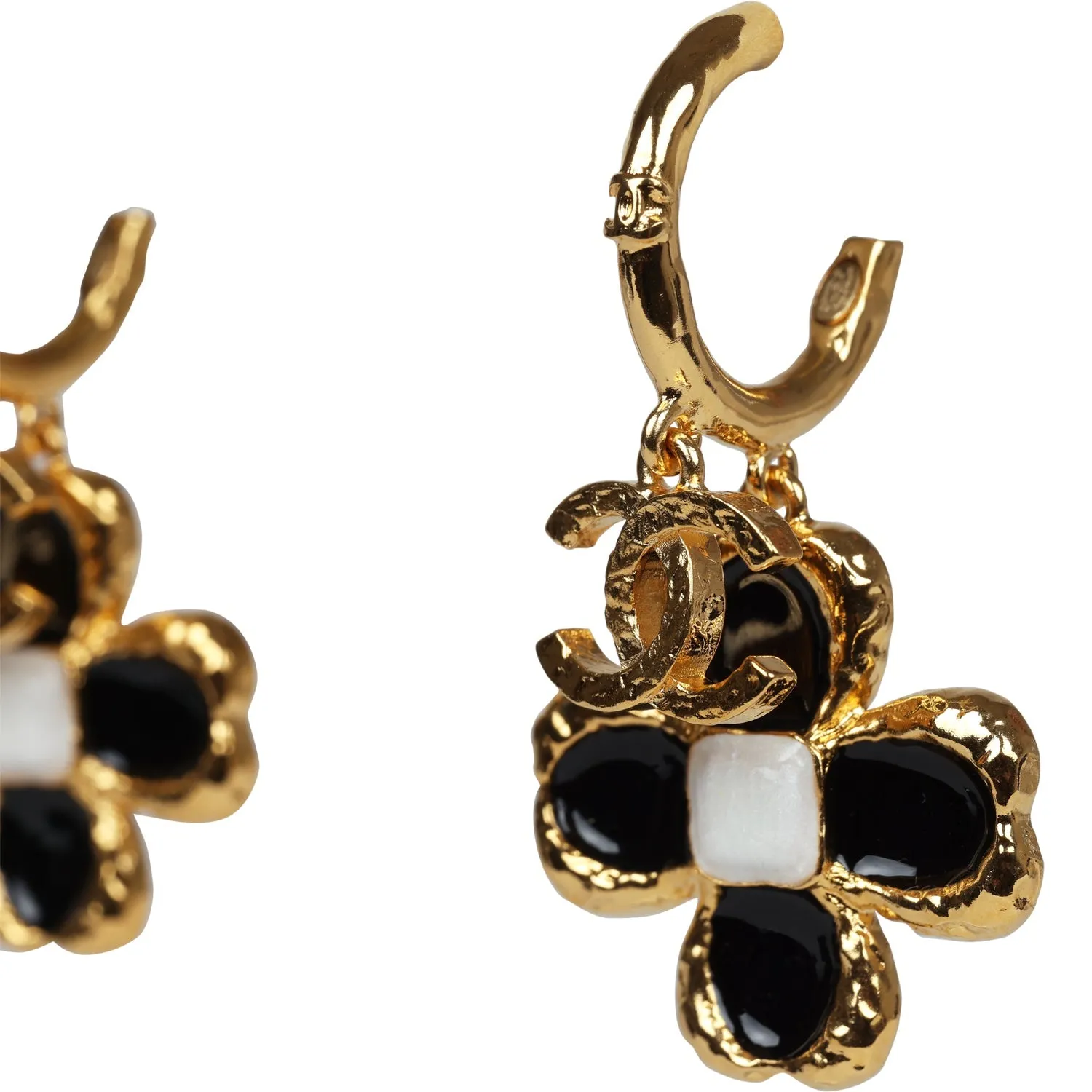 Chanel Flower Dangle CC Earrings Black Enamel & Gold Metal