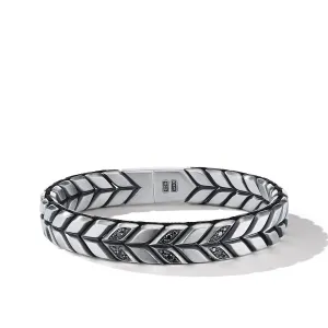 Chevron Woven Bracelet in Sterling Silver with Pave Black Diamonds and Black Nylon