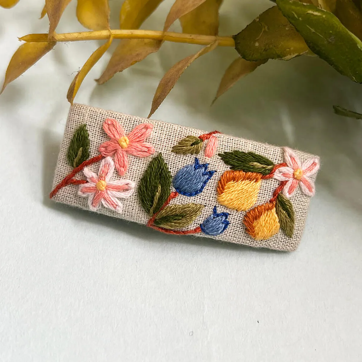 Cotton Linen Barrette Hair Clip for Women | Embroidered | Pastel Green