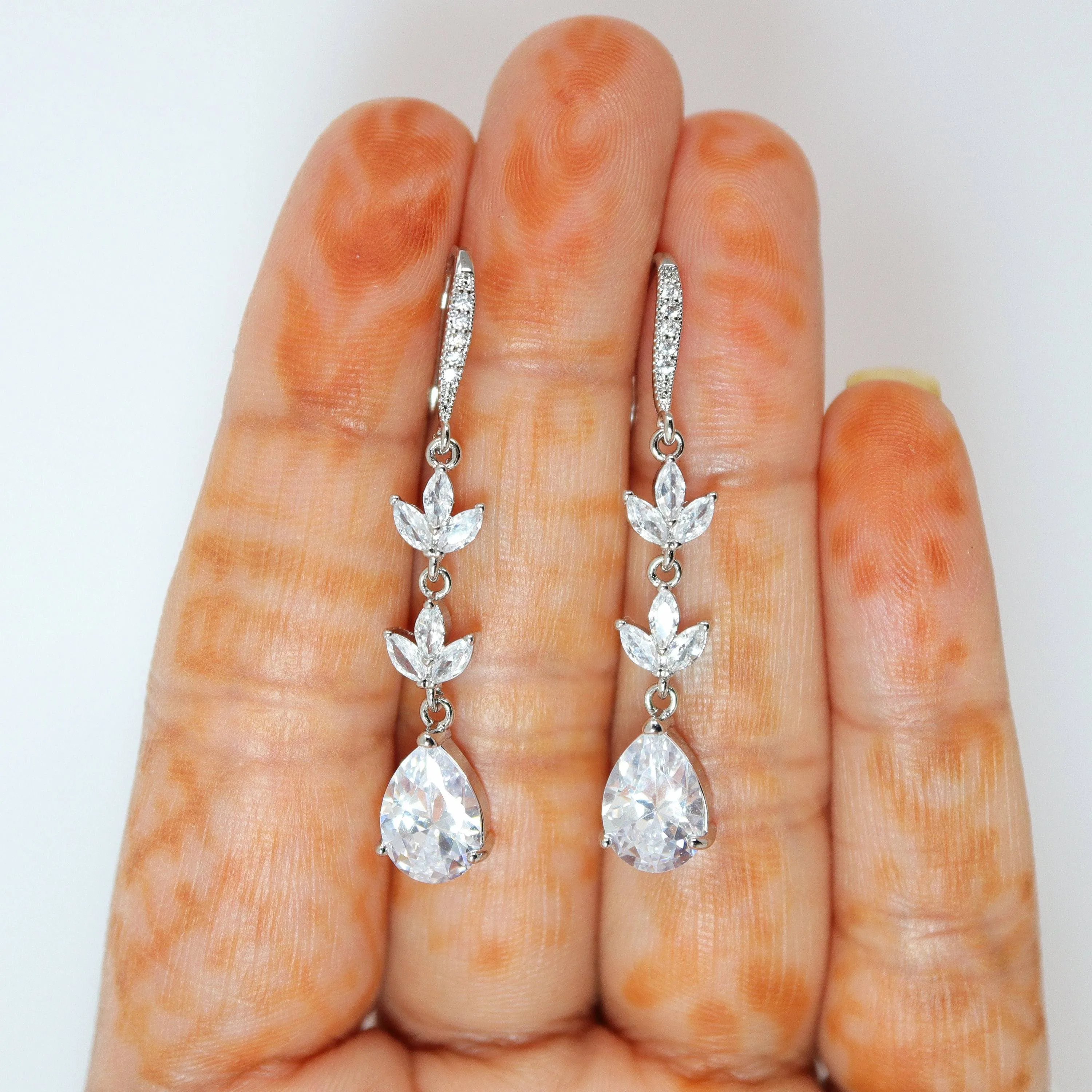 Cubic Zirconia Dainty Diamond Drop Crystal, Diamond Leaves Earrings, Long Bridal Jewelry, Bridal Earrings, Crystal Bridal Earrings Cz