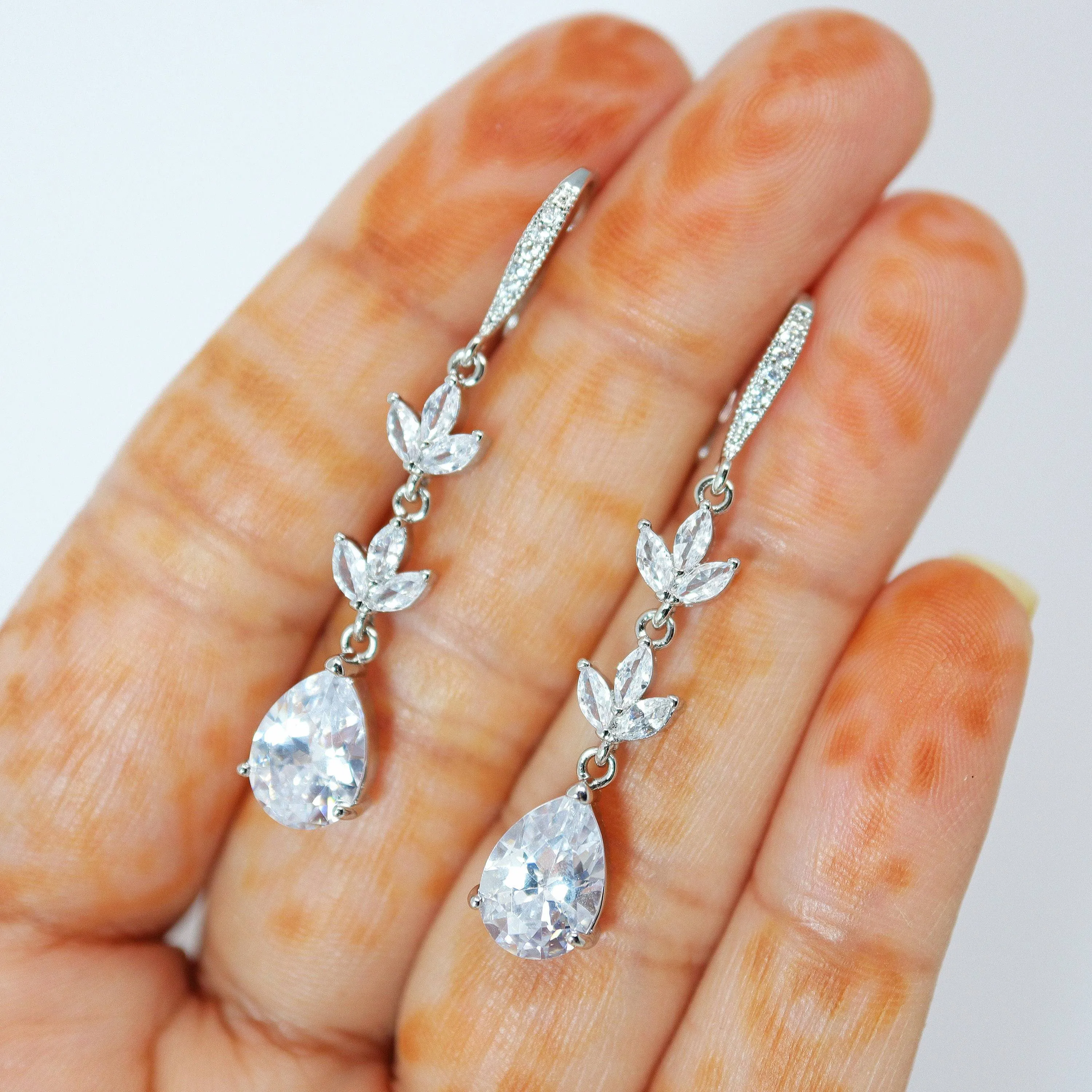 Cubic Zirconia Dainty Diamond Drop Crystal, Diamond Leaves Earrings, Long Bridal Jewelry, Bridal Earrings, Crystal Bridal Earrings Cz