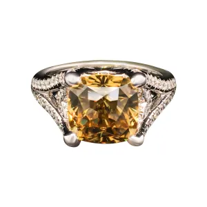 Cushion-cut Yellow Zircon and Diamond Ring