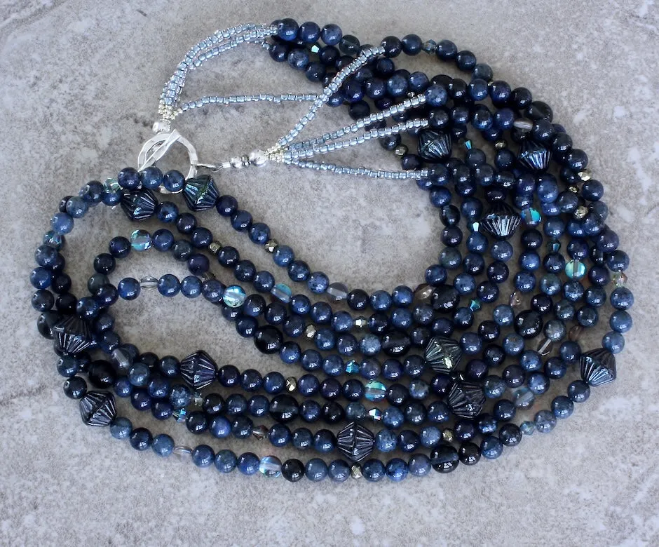 Dark Blue Sunset Dumortierite Rounds 4-Strand Necklace with Pyrite Nuggets, 5 Styles of Czech Glass, and a Sterling Silver Toggle Clasp