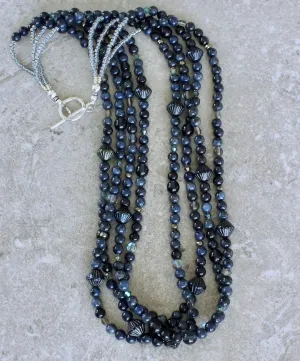 Dark Blue Sunset Dumortierite Rounds 4-Strand Necklace with Pyrite Nuggets, 5 Styles of Czech Glass, and a Sterling Silver Toggle Clasp