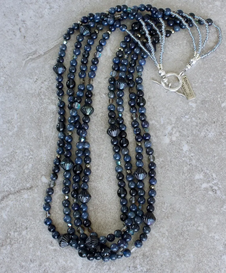 Dark Blue Sunset Dumortierite Rounds 4-Strand Necklace with Pyrite Nuggets, 5 Styles of Czech Glass, and a Sterling Silver Toggle Clasp