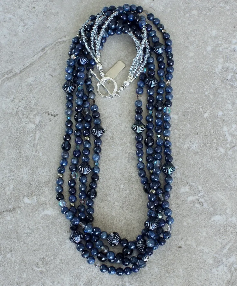 Dark Blue Sunset Dumortierite Rounds 4-Strand Necklace with Pyrite Nuggets, 5 Styles of Czech Glass, and a Sterling Silver Toggle Clasp