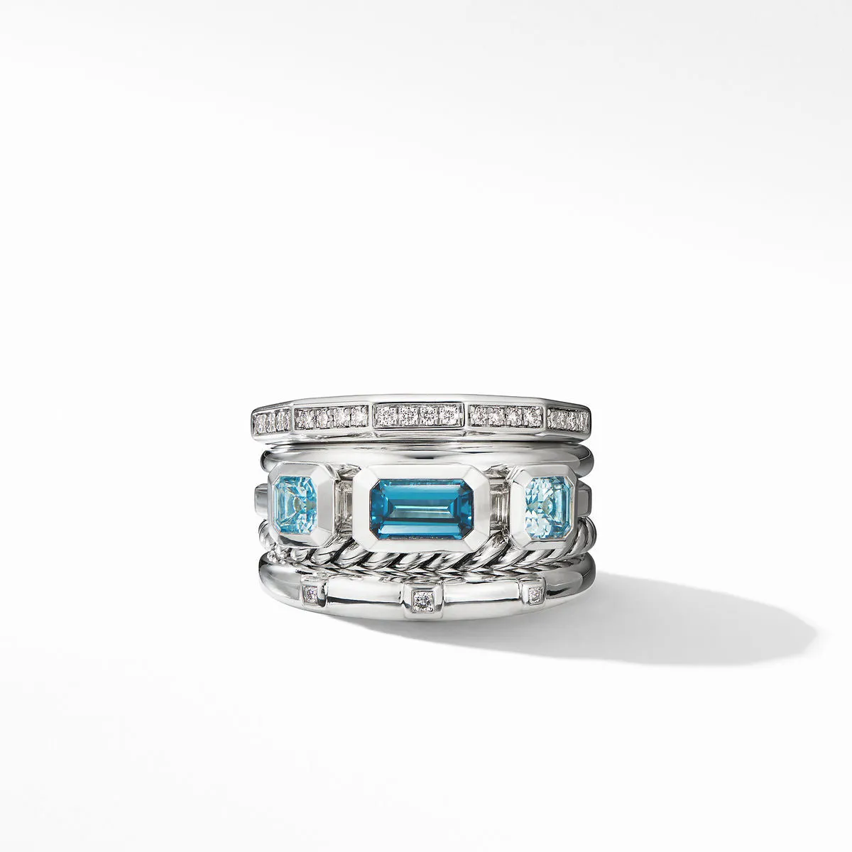 David Yurman Stax Wide Diamond Ring London Blue Topaz, 15MM