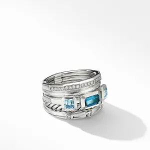 David Yurman Stax Wide Diamond Ring London Blue Topaz, 15MM