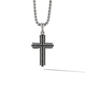 Deco Cross Pendant in Sterling Silver with Pave Black Diamonds