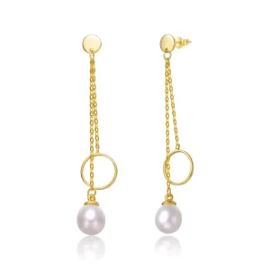 Delphine Golden Circle Pearl Dainty Chain Dangle Earrings